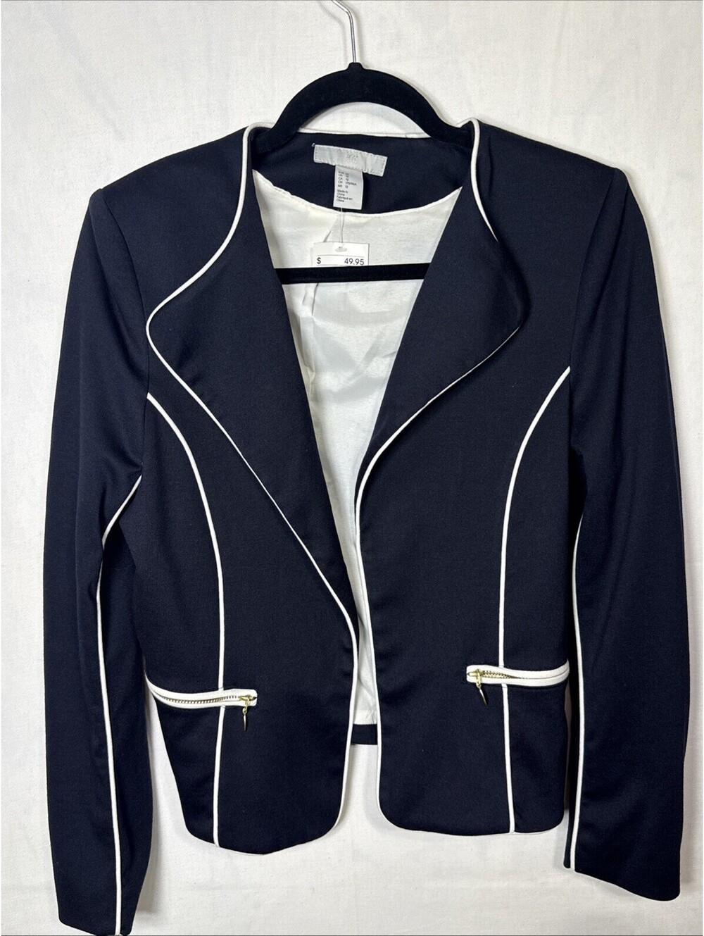 NWT HM Womens Navy Blue White Piping Open Front Blazer Zip Pockets Size 12